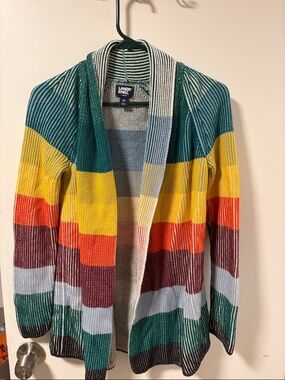 Lands' End Teal, Yellow, Red & Burgundy Striped Open Cardigan